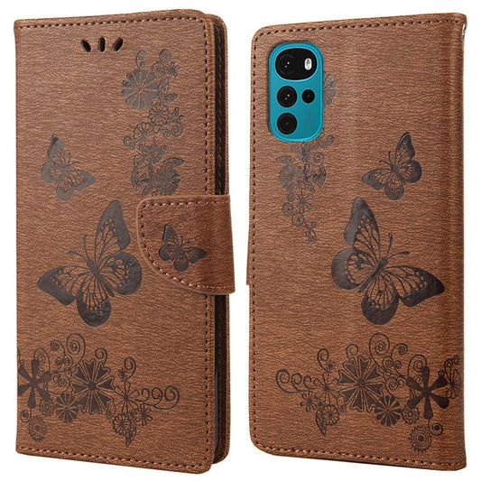 Butterfly Flower Imprinted Phone Case for Motorola Moto G22 Protective Folio Flip Cover Leather Phone Protector with Stand Wallet - Brown