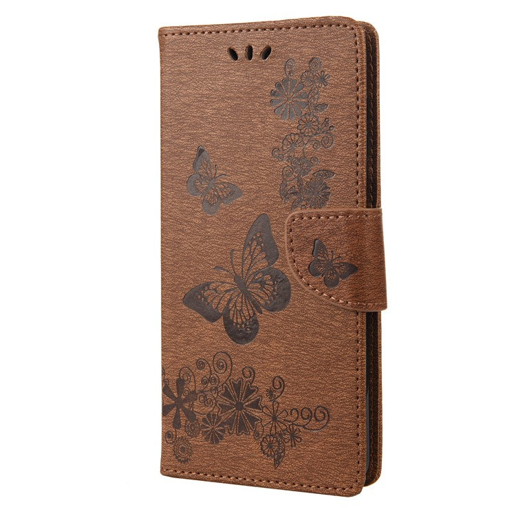 Butterfly Flower Imprinted Phone Case for Motorola Moto G22 Protective Folio Flip Cover Leather Phone Protector with Stand Wallet - Brown