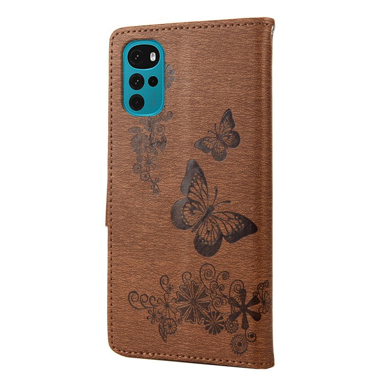 Butterfly Flower Imprinted Phone Case for Motorola Moto G22 Protective Folio Flip Cover Leather Phone Protector with Stand Wallet - Brown