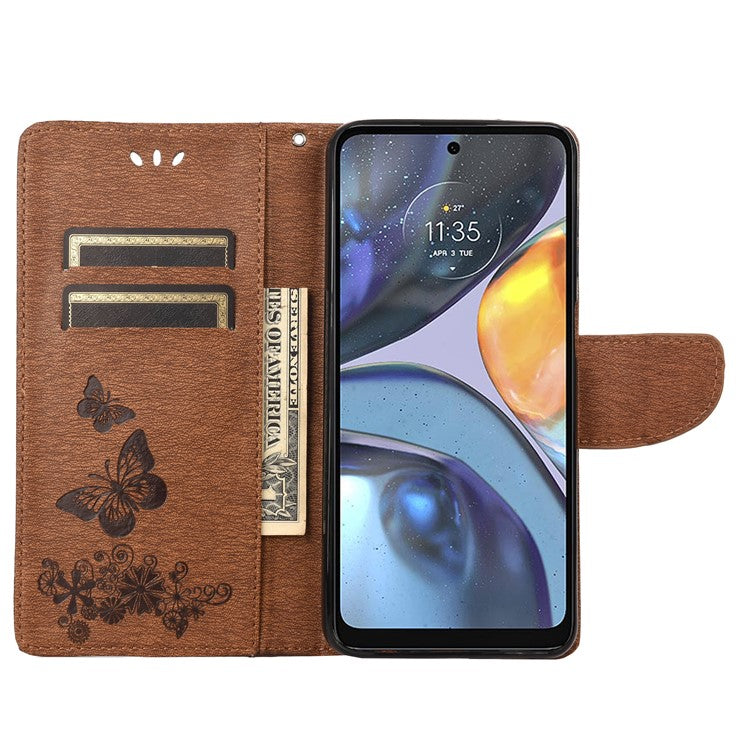 Butterfly Flower Imprinted Phone Case for Motorola Moto G22 Protective Folio Flip Cover Leather Phone Protector with Stand Wallet - Brown