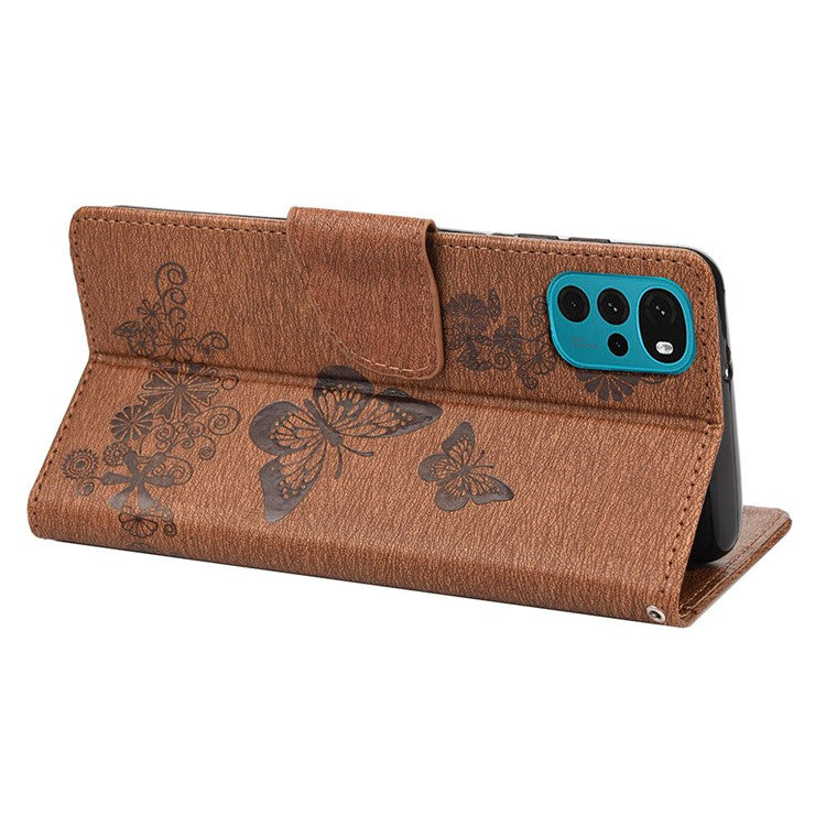 Butterfly Flower Imprinted Phone Case for Motorola Moto G22 Protective Folio Flip Cover Leather Phone Protector with Stand Wallet - Brown