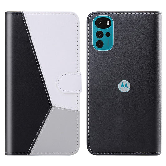Three-color Splicing Phone Case for Motorola Moto G22 / Moto E32s 4G Shockproof Folio Flip Cover PU Leather Wallet Stand Case - Black / White / Grey