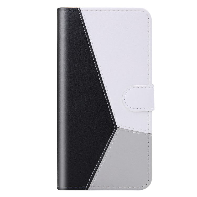 Three-color Splicing Phone Case for Motorola Moto G22 / Moto E32s 4G Shockproof Folio Flip Cover PU Leather Wallet Stand Case - Black / White / Grey