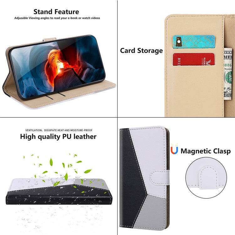 Three-color Splicing Phone Case for Motorola Moto G22 / Moto E32s 4G Shockproof Folio Flip Cover PU Leather Wallet Stand Case - Black / White / Grey