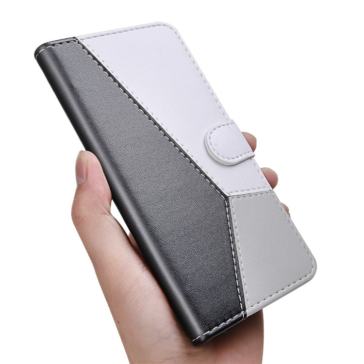 Three-color Splicing Phone Case for Motorola Moto G22 / Moto E32s 4G Shockproof Folio Flip Cover PU Leather Wallet Stand Case - Black / White / Grey
