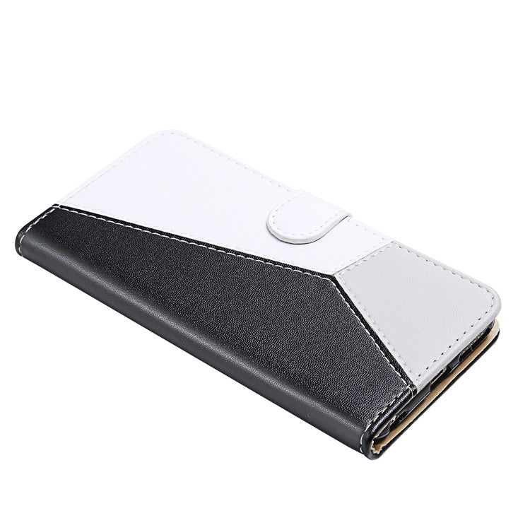 Three-color Splicing Phone Case for Motorola Moto G22 / Moto E32s 4G Shockproof Folio Flip Cover PU Leather Wallet Stand Case - Black / White / Grey