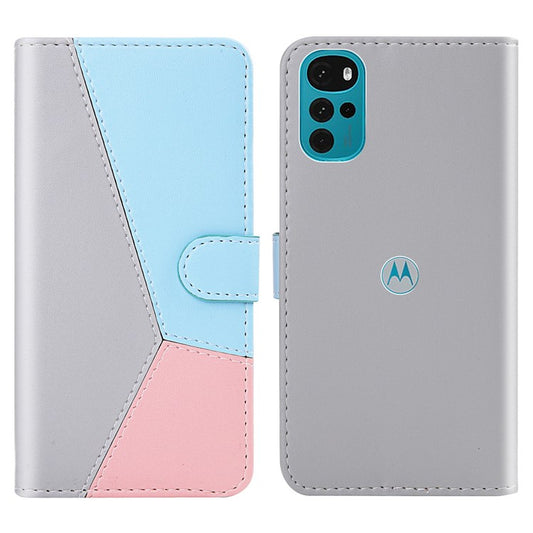 Three-color Splicing Phone Case for Motorola Moto G22 / Moto E32s 4G Shockproof Folio Flip Cover PU Leather Wallet Stand Case - Grey / Blue / Pink