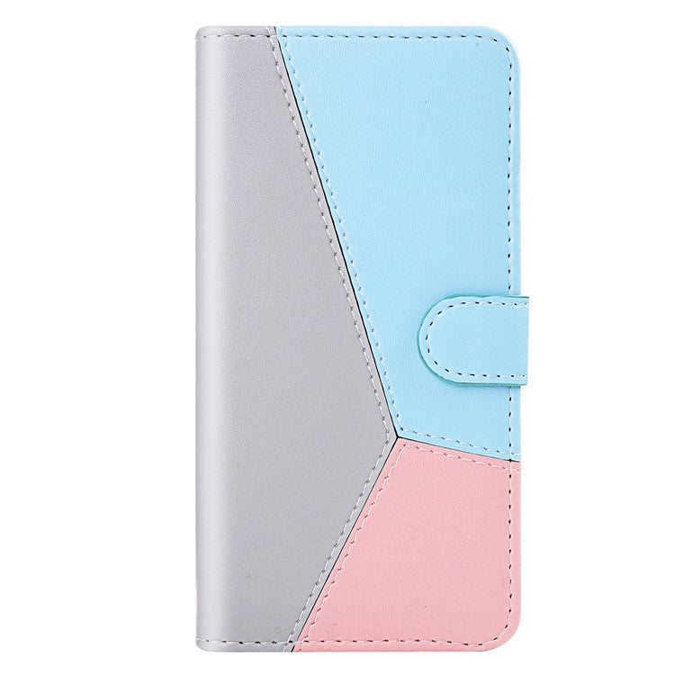 Three-color Splicing Phone Case for Motorola Moto G22 / Moto E32s 4G Shockproof Folio Flip Cover PU Leather Wallet Stand Case - Grey / Blue / Pink