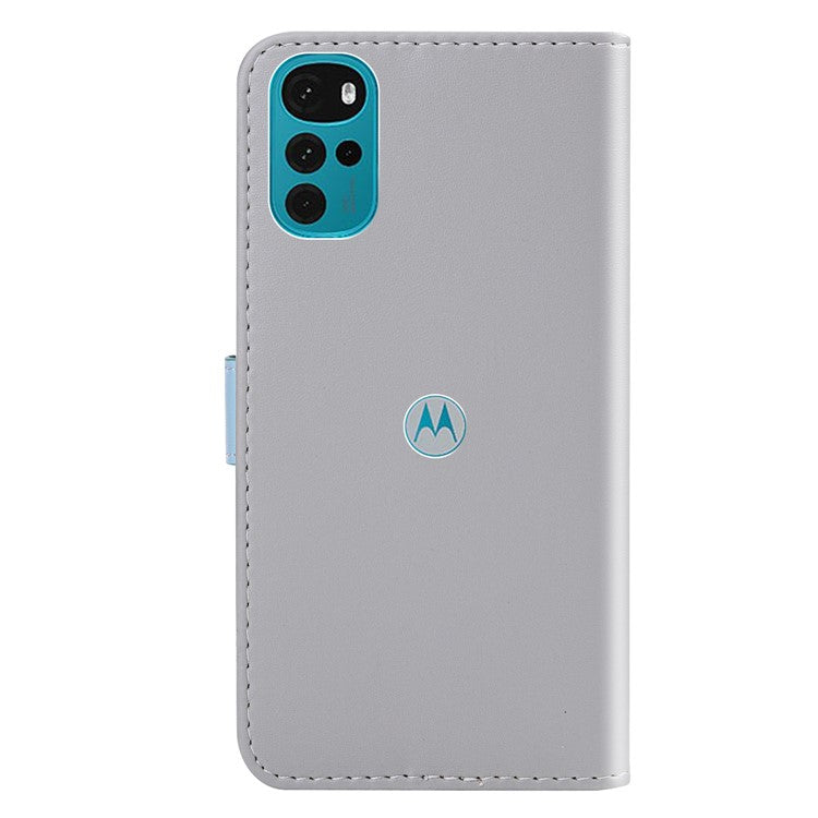 Three-color Splicing Phone Case for Motorola Moto G22 / Moto E32s 4G Shockproof Folio Flip Cover PU Leather Wallet Stand Case - Grey / Blue / Pink