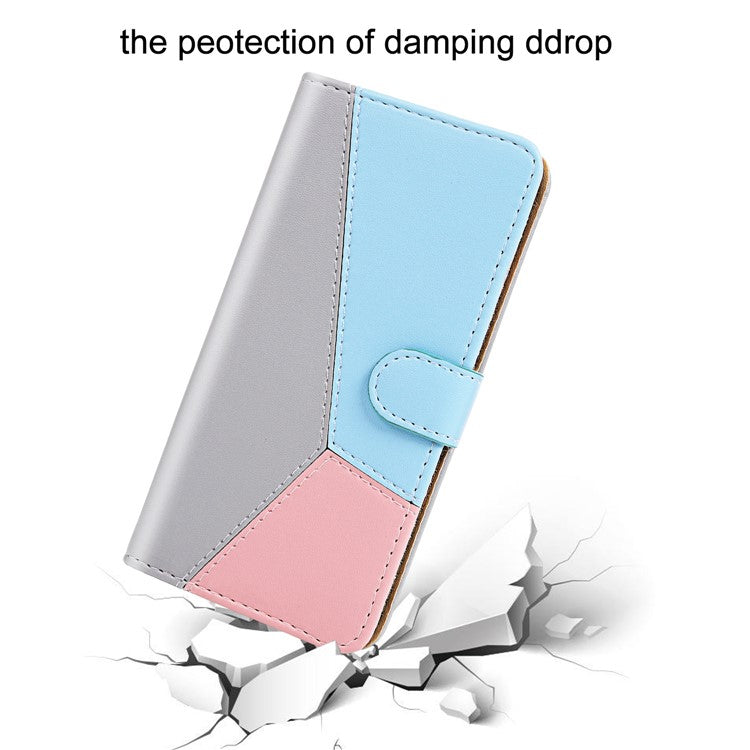 Three-color Splicing Phone Case for Motorola Moto G22 / Moto E32s 4G Shockproof Folio Flip Cover PU Leather Wallet Stand Case - Grey / Blue / Pink