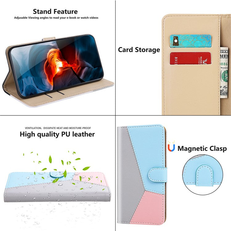 Three-color Splicing Phone Case for Motorola Moto G22 / Moto E32s 4G Shockproof Folio Flip Cover PU Leather Wallet Stand Case - Grey / Blue / Pink
