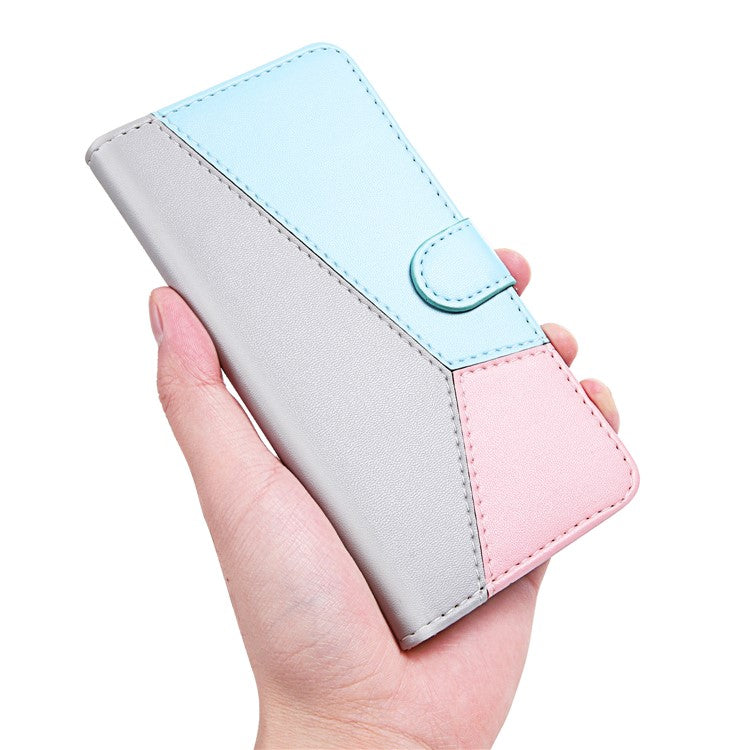 Three-color Splicing Phone Case for Motorola Moto G22 / Moto E32s 4G Shockproof Folio Flip Cover PU Leather Wallet Stand Case - Grey / Blue / Pink