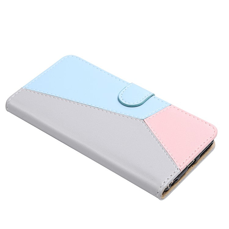 Three-color Splicing Phone Case for Motorola Moto G22 / Moto E32s 4G Shockproof Folio Flip Cover PU Leather Wallet Stand Case - Grey / Blue / Pink