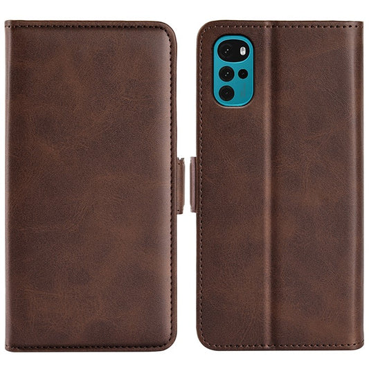 Shockproof Business Textured Wallet Case for Motorola Moto G22 PU Leather Dual Magnetic Clasps Cell Phone Cover with Stand - Brown