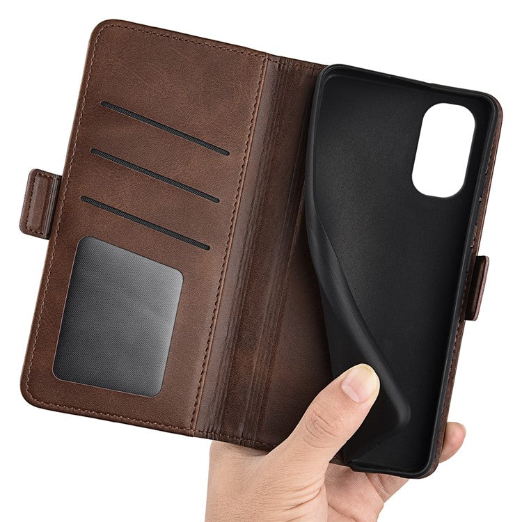 Shockproof Business Textured Wallet Case for Motorola Moto G22 PU Leather Dual Magnetic Clasps Cell Phone Cover with Stand - Brown