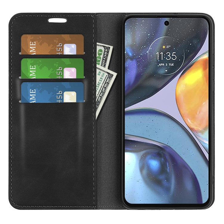 Silky-Touch Folio Flip Cover for Motorola Moto G22 Leather Phone Protective Case with Wallet Stand - Black