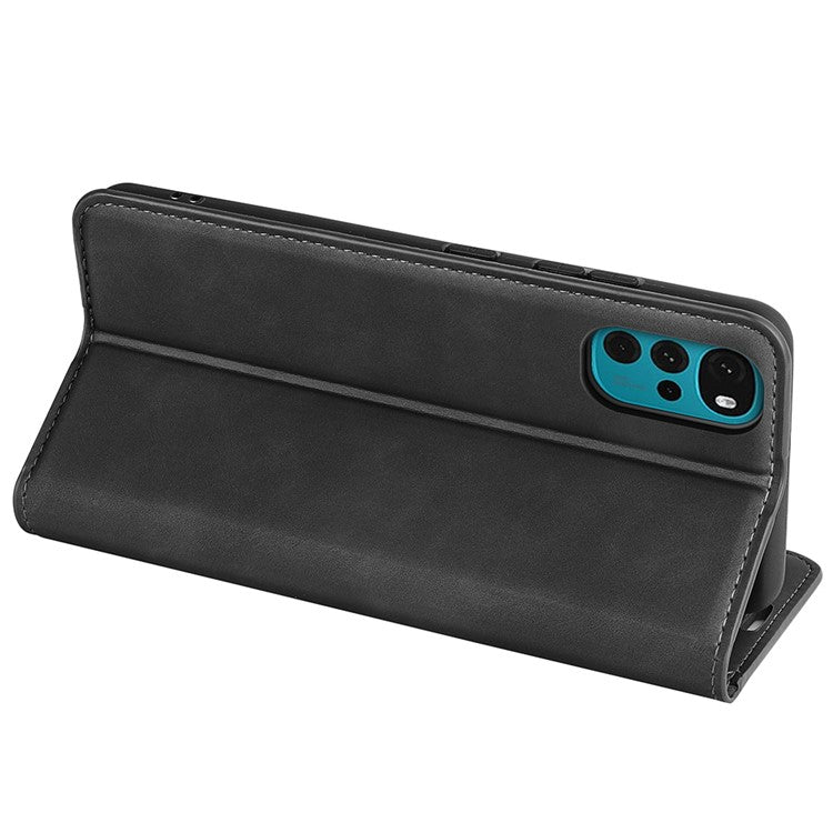 Silky-Touch Folio Flip Cover for Motorola Moto G22 Leather Phone Protective Case with Wallet Stand - Black