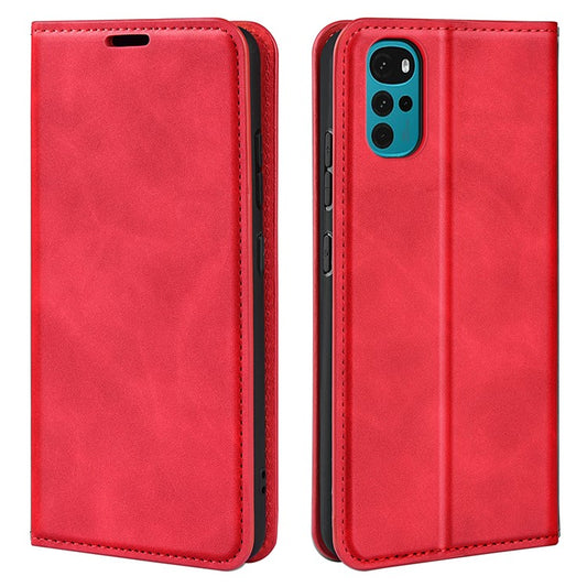 Silky-Touch Folio Flip Cover for Motorola Moto G22 Leather Phone Protective Case with Wallet Stand - Red