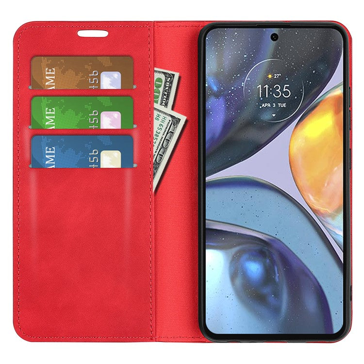 Silky-Touch Folio Flip Cover for Motorola Moto G22 Leather Phone Protective Case with Wallet Stand - Red