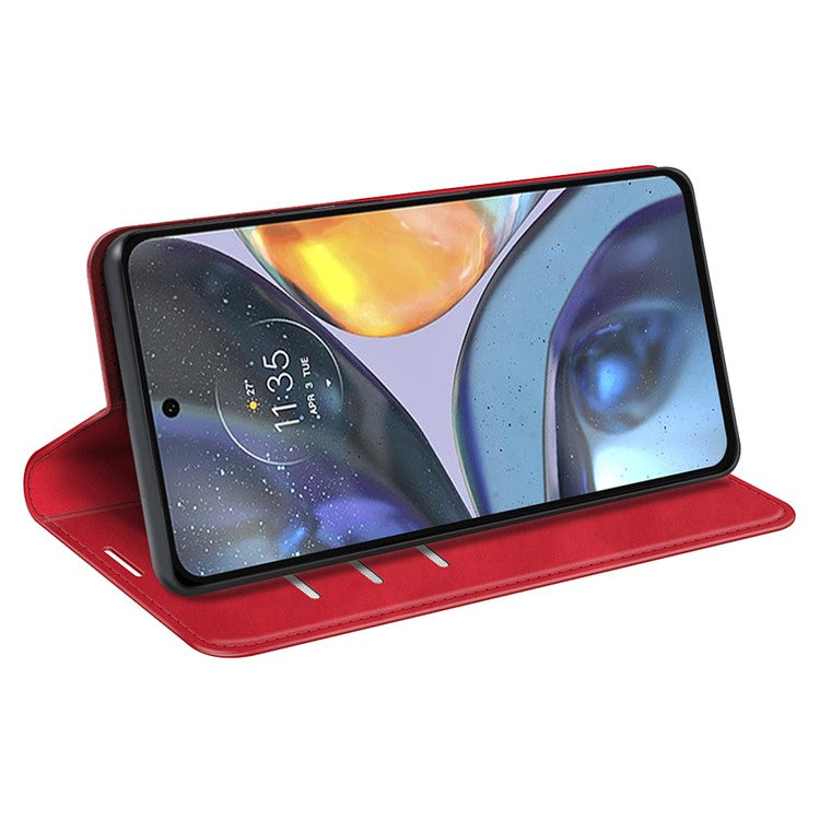 Silky-Touch Folio Flip Cover for Motorola Moto G22 Leather Phone Protective Case with Wallet Stand - Red