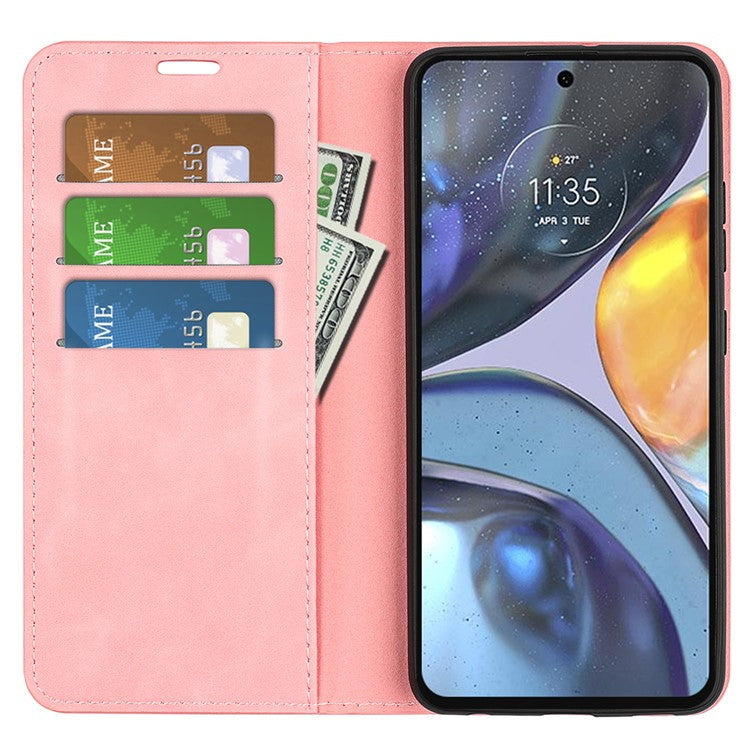 Silky-Touch Folio Flip Cover for Motorola Moto G22 Leather Phone Protective Case with Wallet Stand - Pink