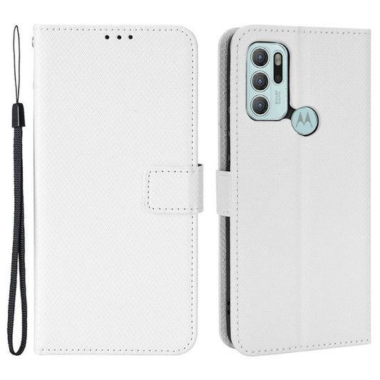 Diamond Texture Leather Case for Motorola Moto G60S, Wallet Stand Flip Folio Phone Cover - White