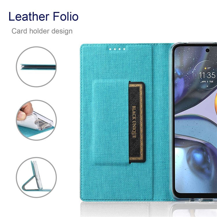 VILI DMX Series for Motorola Moto G22 Card Holder PU Leather Phone Case Hands-free Stand Protective Cover - Blue