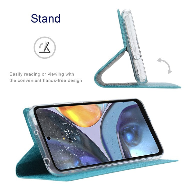 VILI DMX Series for Motorola Moto G22 Card Holder PU Leather Phone Case Hands-free Stand Protective Cover - Blue