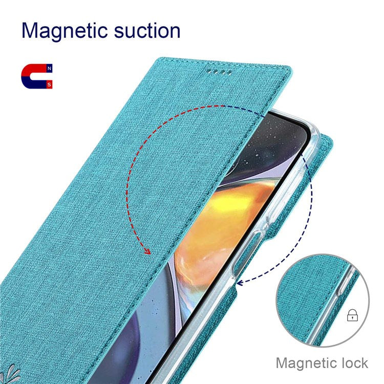 VILI DMX Series for Motorola Moto G22 Card Holder PU Leather Phone Case Hands-free Stand Protective Cover - Blue