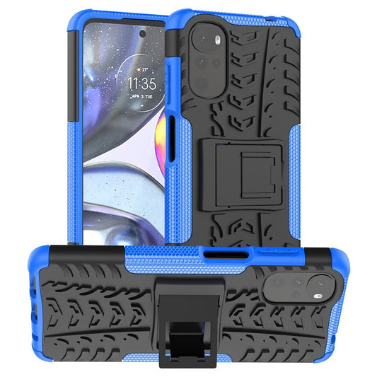 Cool Tire Texture Phone Case for Motorola Moto G22, Soft TPU + Hard PC Kickstand Drop-proof Hybrid Cover - Blue