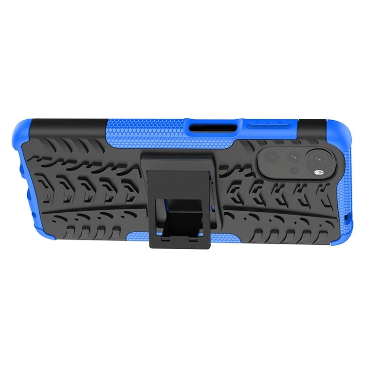 Cool Tire Texture Phone Case for Motorola Moto G22, Soft TPU + Hard PC Kickstand Drop-proof Hybrid Cover - Blue