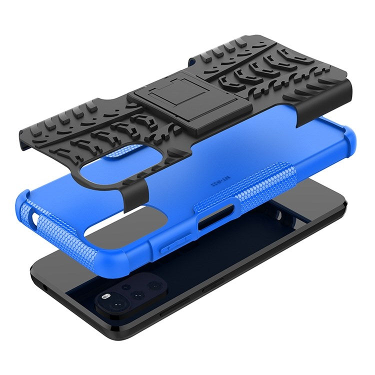 Cool Tire Texture Phone Case for Motorola Moto G22, Soft TPU + Hard PC Kickstand Drop-proof Hybrid Cover - Blue