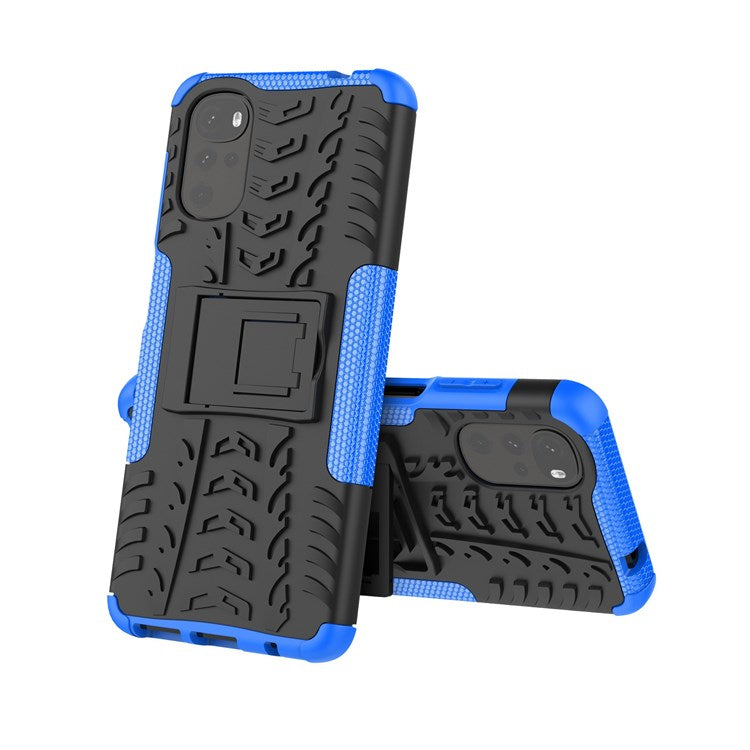 Cool Tire Texture Phone Case for Motorola Moto G22, Soft TPU + Hard PC Kickstand Drop-proof Hybrid Cover - Blue