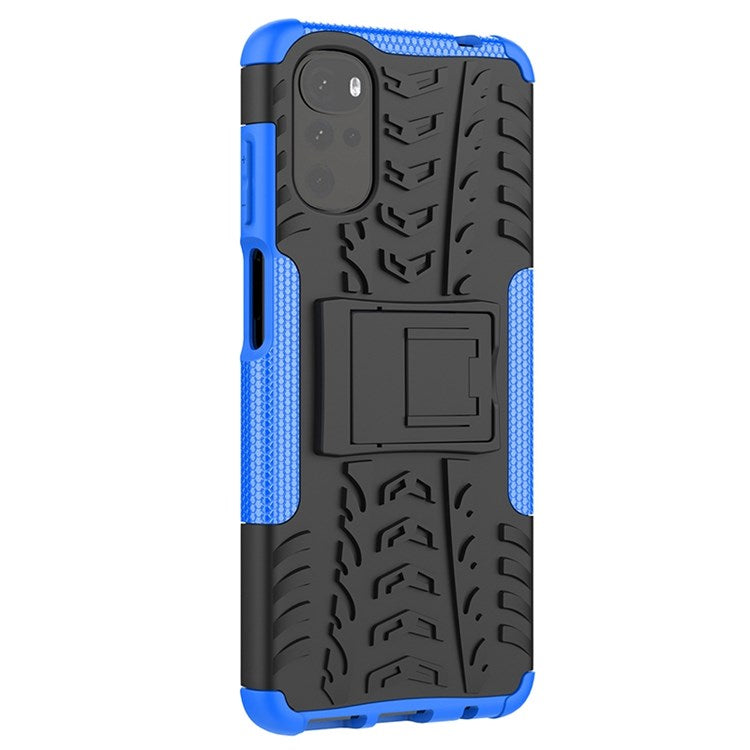 Cool Tire Texture Phone Case for Motorola Moto G22, Soft TPU + Hard PC Kickstand Drop-proof Hybrid Cover - Blue