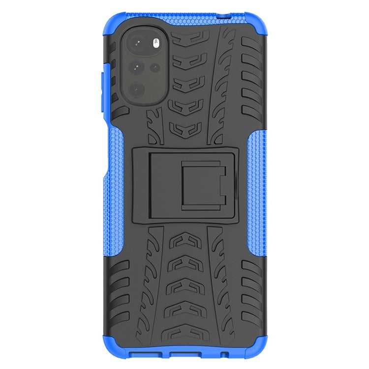 Cool Tire Texture Phone Case for Motorola Moto G22, Soft TPU + Hard PC Kickstand Drop-proof Hybrid Cover - Blue