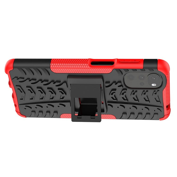 Cool Tire Texture Phone Case for Motorola Moto G22, Soft TPU + Hard PC Kickstand Drop-proof Hybrid Cover - Red