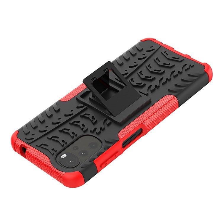 Cool Tire Texture Phone Case for Motorola Moto G22, Soft TPU + Hard PC Kickstand Drop-proof Hybrid Cover - Red