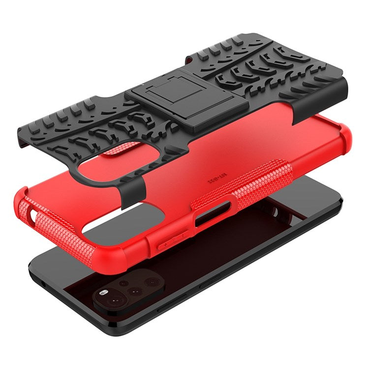 Cool Tire Texture Phone Case for Motorola Moto G22, Soft TPU + Hard PC Kickstand Drop-proof Hybrid Cover - Red