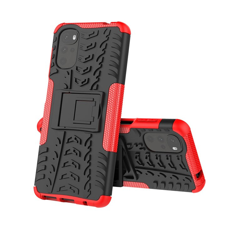 Cool Tire Texture Phone Case for Motorola Moto G22, Soft TPU + Hard PC Kickstand Drop-proof Hybrid Cover - Red