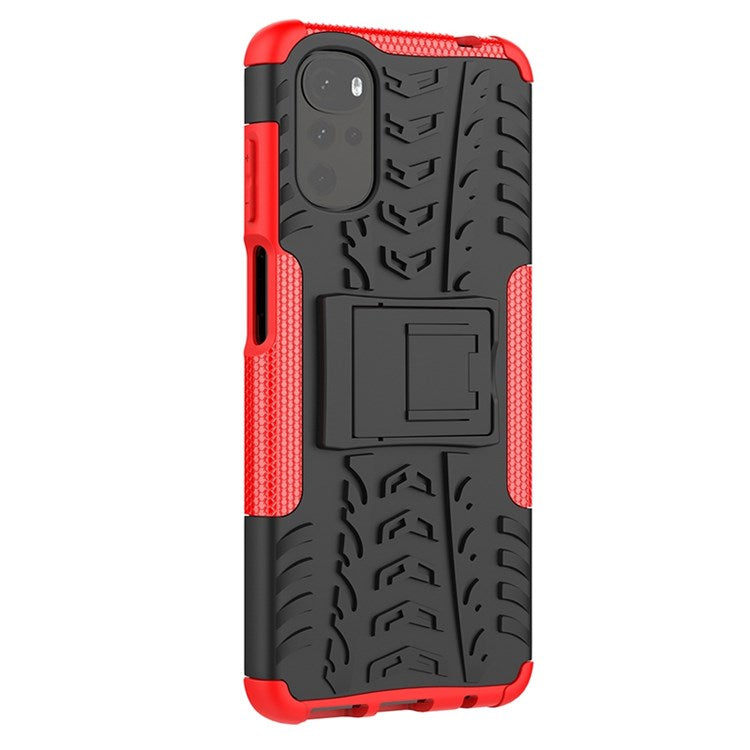 Cool Tire Texture Phone Case for Motorola Moto G22, Soft TPU + Hard PC Kickstand Drop-proof Hybrid Cover - Red