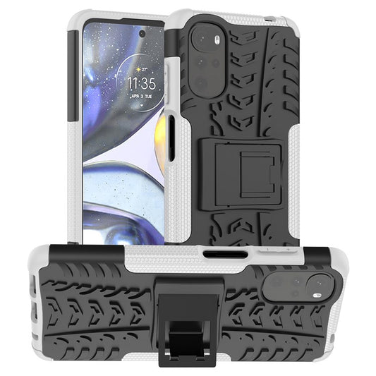 Cool Tire Texture Phone Case for Motorola Moto G22, Soft TPU + Hard PC Kickstand Drop-proof Hybrid Cover - White