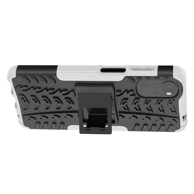 Cool Tire Texture Phone Case for Motorola Moto G22, Soft TPU + Hard PC Kickstand Drop-proof Hybrid Cover - White