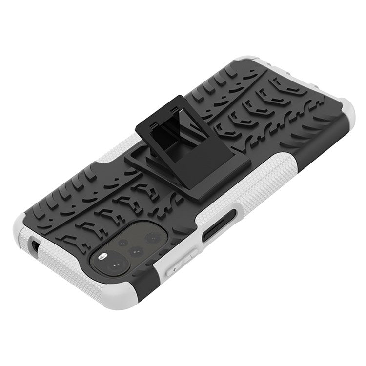 Cool Tire Texture Phone Case for Motorola Moto G22, Soft TPU + Hard PC Kickstand Drop-proof Hybrid Cover - White