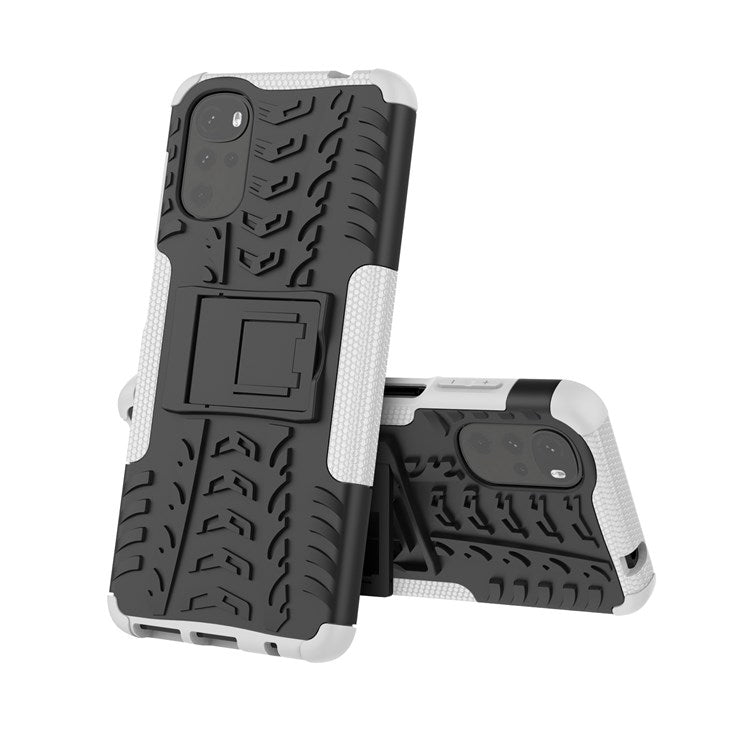 Cool Tire Texture Phone Case for Motorola Moto G22, Soft TPU + Hard PC Kickstand Drop-proof Hybrid Cover - White