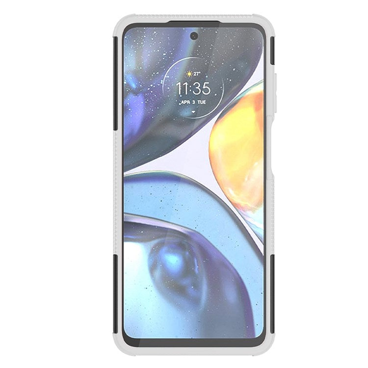 Cool Tire Texture Phone Case for Motorola Moto G22, Soft TPU + Hard PC Kickstand Drop-proof Hybrid Cover - White