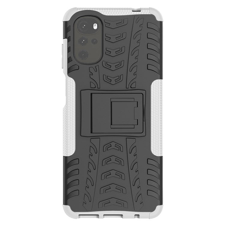Cool Tire Texture Phone Case for Motorola Moto G22, Soft TPU + Hard PC Kickstand Drop-proof Hybrid Cover - White