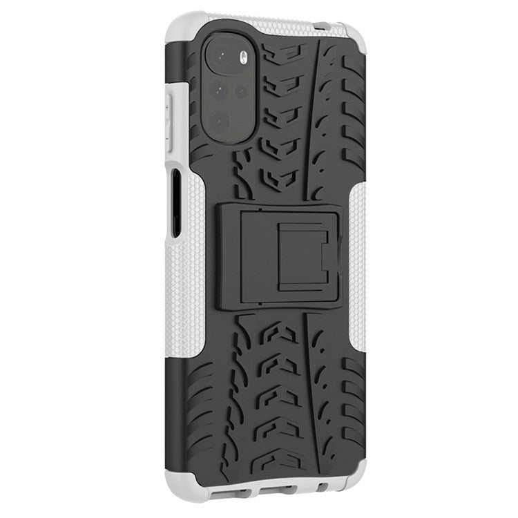 Cool Tire Texture Phone Case for Motorola Moto G22, Soft TPU + Hard PC Kickstand Drop-proof Hybrid Cover - White
