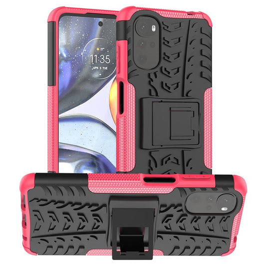 Cool Tire Texture Phone Case for Motorola Moto G22, Soft TPU + Hard PC Kickstand Drop-proof Hybrid Cover - Rose