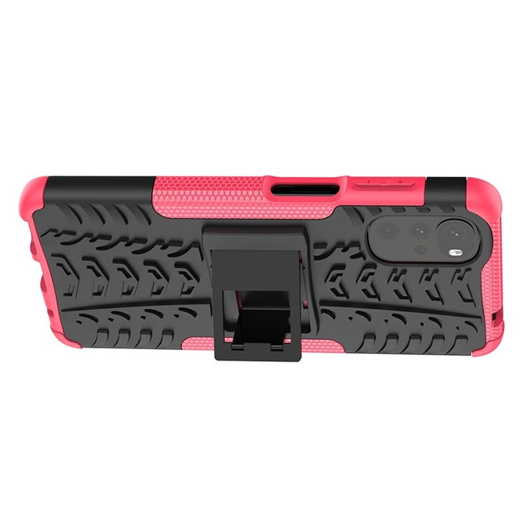 Cool Tire Texture Phone Case for Motorola Moto G22, Soft TPU + Hard PC Kickstand Drop-proof Hybrid Cover - Rose