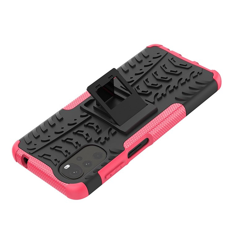 Cool Tire Texture Phone Case for Motorola Moto G22, Soft TPU + Hard PC Kickstand Drop-proof Hybrid Cover - Rose